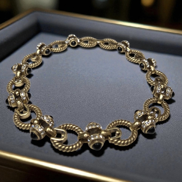 Luxury Twisted Rope Cable Onyx Glass Cabochon Zircon Crystal Choker Necklace - Picture 1 of 4